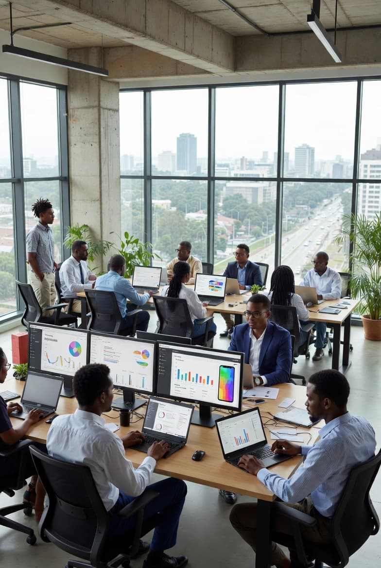 Modern open office with professionals working on data analytics