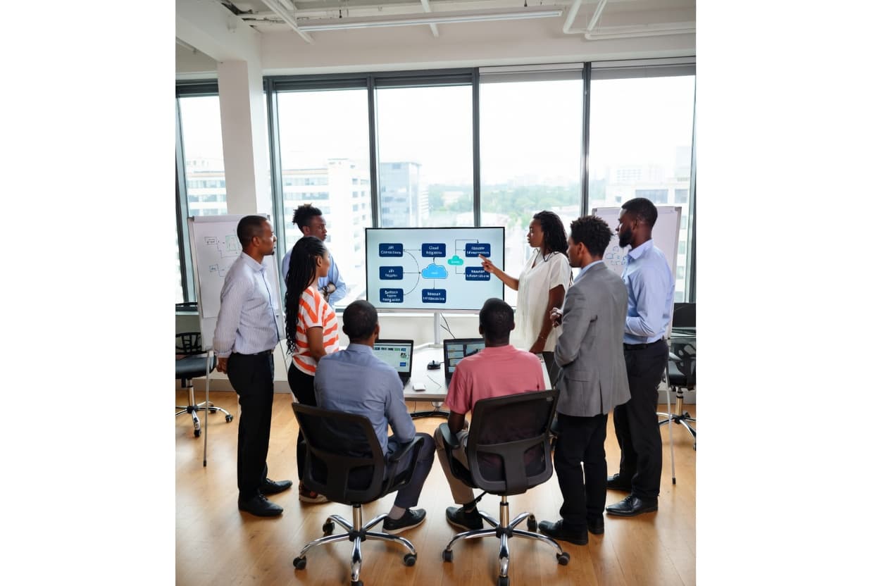 Team meeting discussing cloud migration and network infrastructure