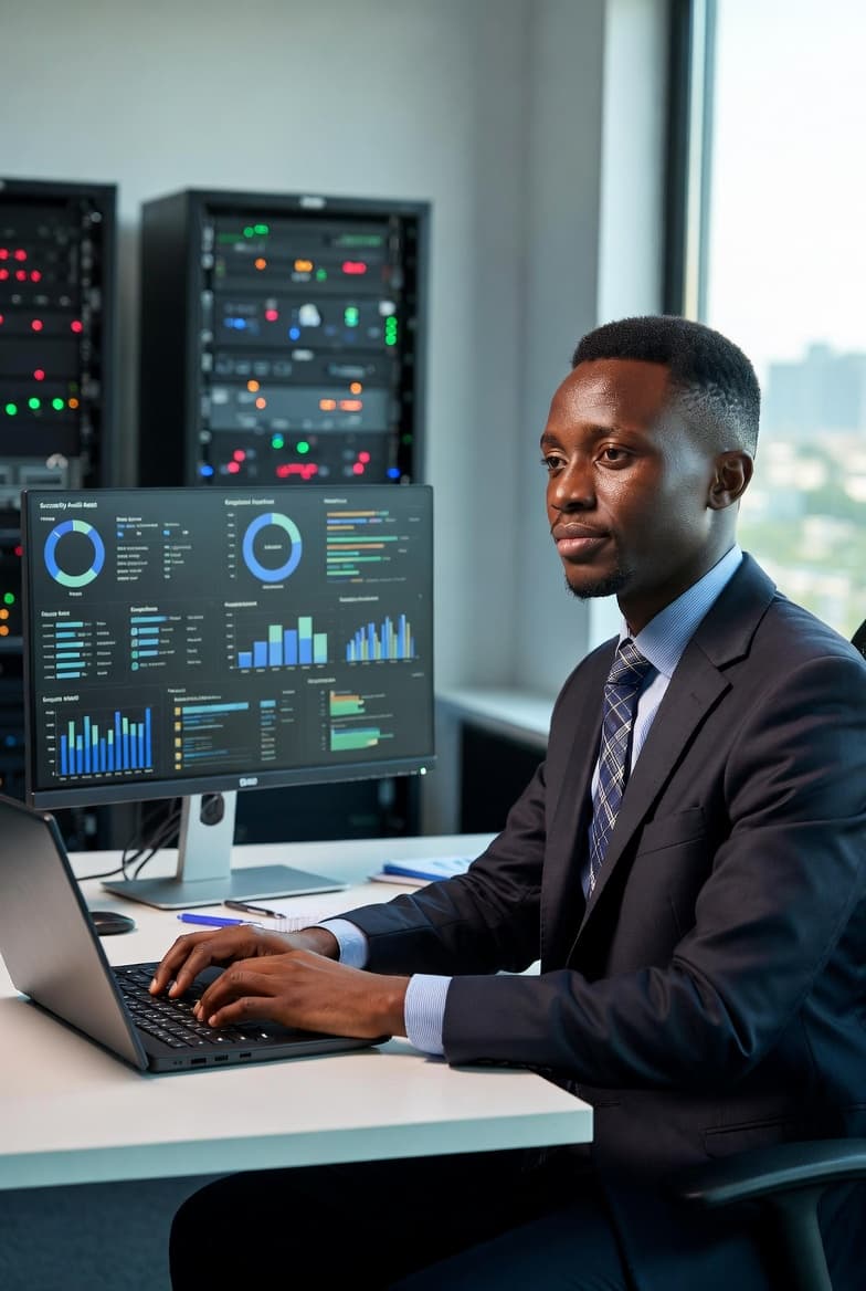 IT professional analyzing data dashboards with server infrastructure